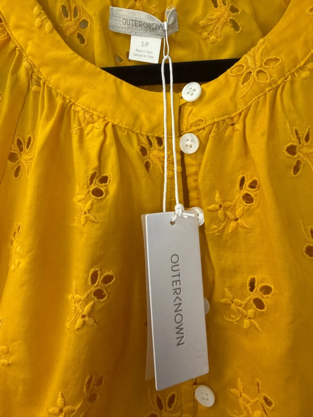 Outerknown Poet Blouse Yellow Eyelet Organic Cotton Peplum Top Size S NWT - Picture 7 of 11